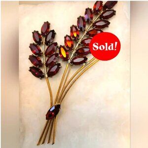 LARGE 5" Long Vintage Ruby Red Rhinestone Leaves Statement Brooch Pin